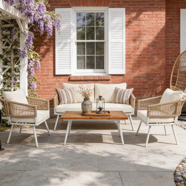 4-Piece Rope Patio Conversation Set with Beige Cushions