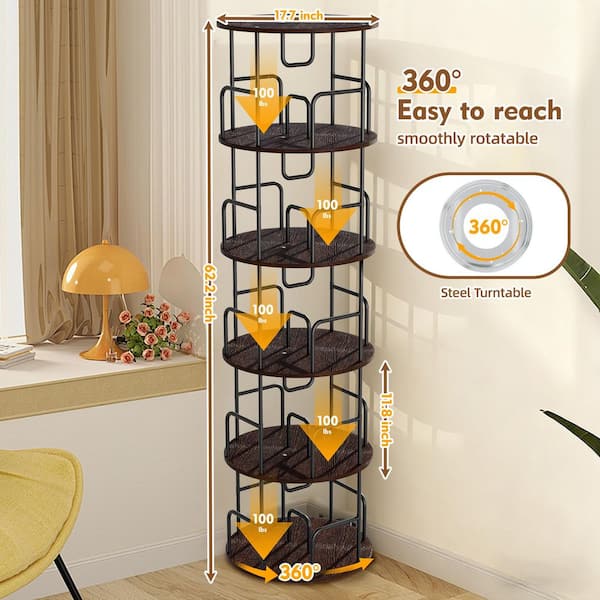 62 in. Tall 360 in. Rotating Metal Walnut Brown 5-Shelf Bookcase Storage Cabinet Display Round Spinning Bookcase Tower