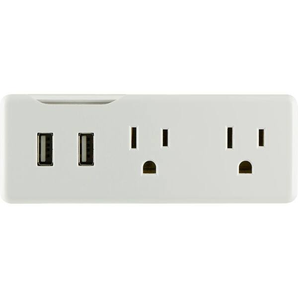 GE Eye Indicator 2 AC Outlet and 2-USB Port 2.1 Amp Power Station Tap, White