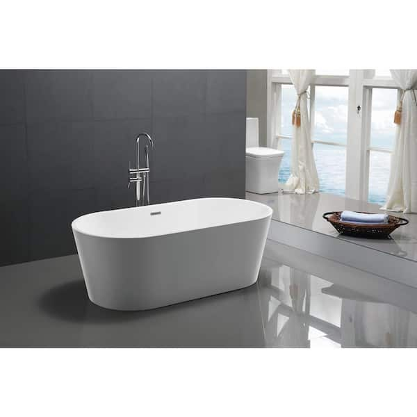 Chand Series 67 in. x 32 in. Flat Bottom Acrylic Freestanding Soaking Bathtub with Center Drain in Glossy White