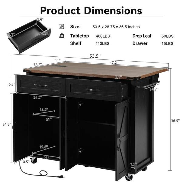Black Particle Board Kitchen Cart with 4 Door Cabinet, Spice Rack