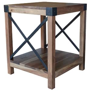 18.5 in. Brown Square Acacia Wood Rustic End Table with Iron Corner Edges and Bottom Shelf