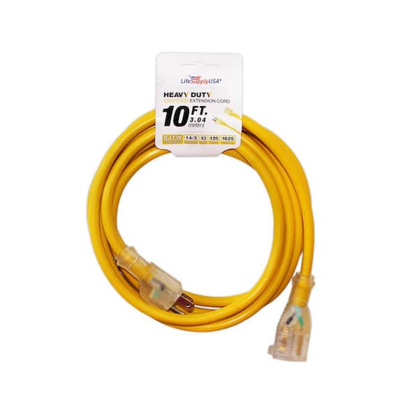 LifeSupplyUSA 10 ft. 14/3 SJTW Full Copper 13 Amp 125-Volt 1625-Watt Lighted End Indoor/Outdoor Extension Cord (5-Pack)