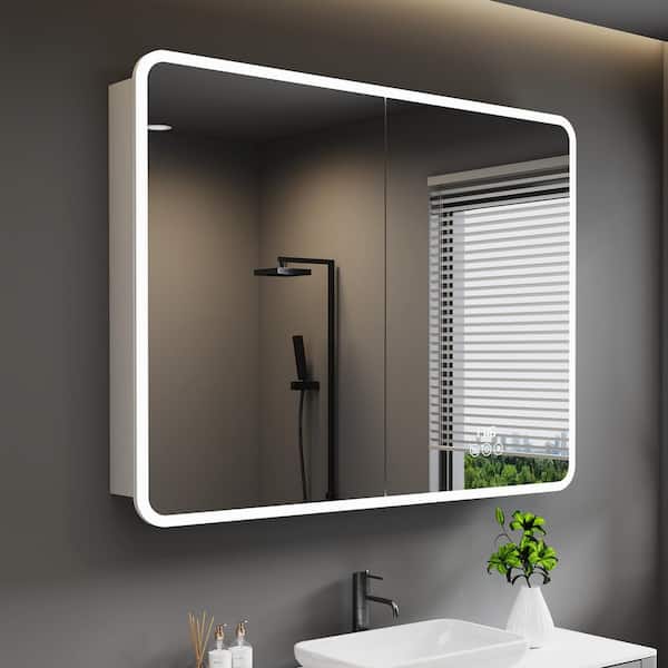 HBEZON Aura 36 in. W x 36 in. H Medium Rectangular Aluminum Recessed/Surface Mount Dimmable Medicine Cabinet with Mirror
