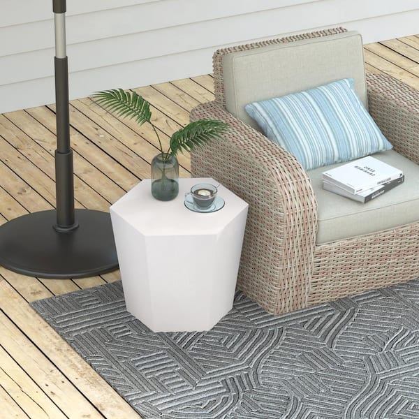 24 in. Porcelain White Hexagon Magnesium Oxide Concrete Outdoor Patio Coffee Table, Side Table