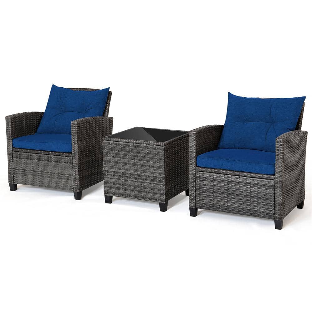 3-Pieces Outdoor Rattan Sofa Set Patio Wicker Conversation Set Glass Tabletop with Navy Cushion price history on PriceWatchPro