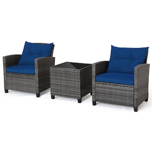 3-Pieces Outdoor Rattan Sofa Set Patio Wicker Conversation Set Glass Tabletop with Navy Cushion