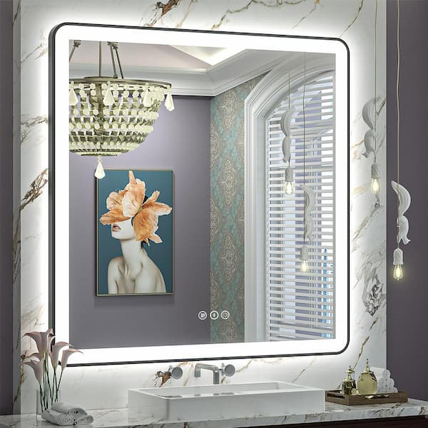 Apmir 36 in. W x 36 in. H Square Framed Front and Back LED Lighted Anti-Fog Wall Bathroom Vanity Mirror in Tempered Glass