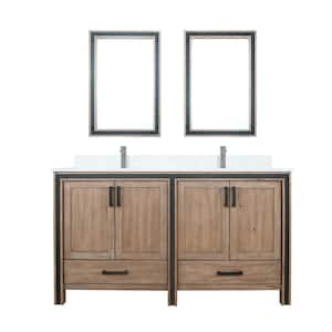 Ziva 60 in W x 22 in D Rustic Barnwood Double Bath Vanity, Cultured Marble Top, Faucet Set and 22 in Mirrors