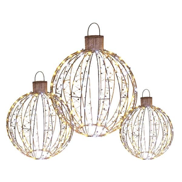 25 in. 3-Piece Outdoor Christmas Decoration Ornaments Set Pre-Lit Balls with White LED Lights