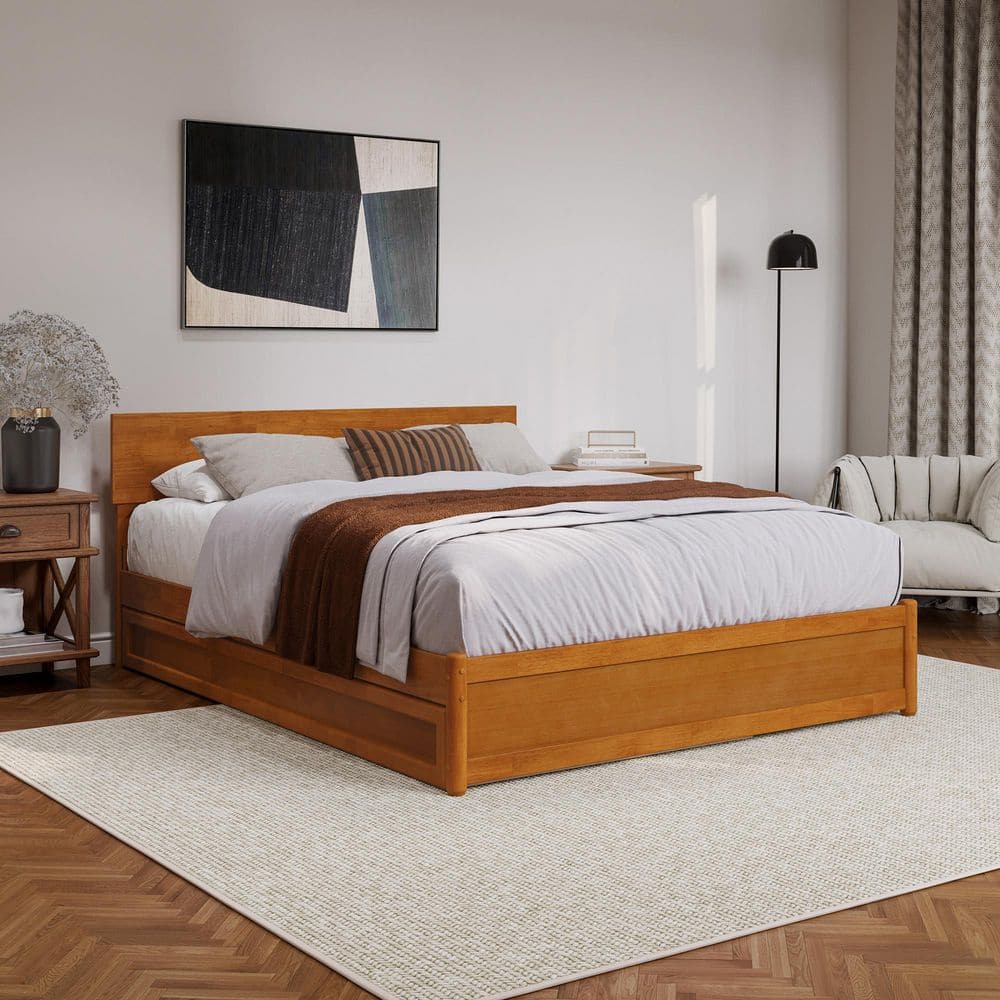 Wesley Walnut Brown Solid Wood Frame King Platform Bed with Panel Footboard and Twin XL Trundle - thumbnail 6