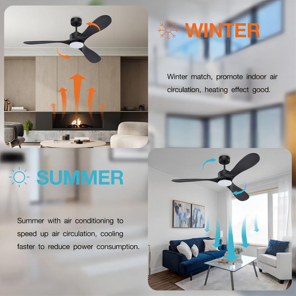 52" Black Modern Ceiling Fan with LED Light and Remote Control