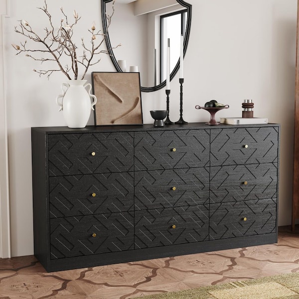 FUFU&GAGA Black Wood Embossed 9-Drawer 63 in. Chest of Drawers with Gold Button Pulls for Bedroom, Living Room or Entryway