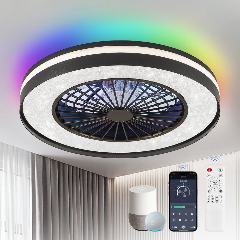 HINNIXY 20 in. Smart Indoor Black Enclosed Flush Mount Ceiling Fan