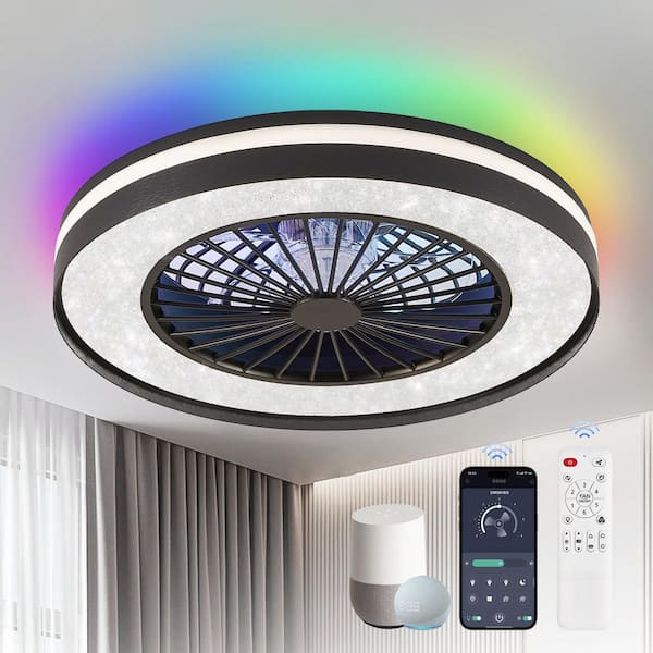 20 in. Smart Indoor Black Enclosed Flush Mount Ceiling Fan with RGB LED, Dimable, Voice/App/Remote Control
