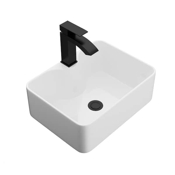 16 in. Ceramic Rectangular Vessel Sink in White with Black Faucet