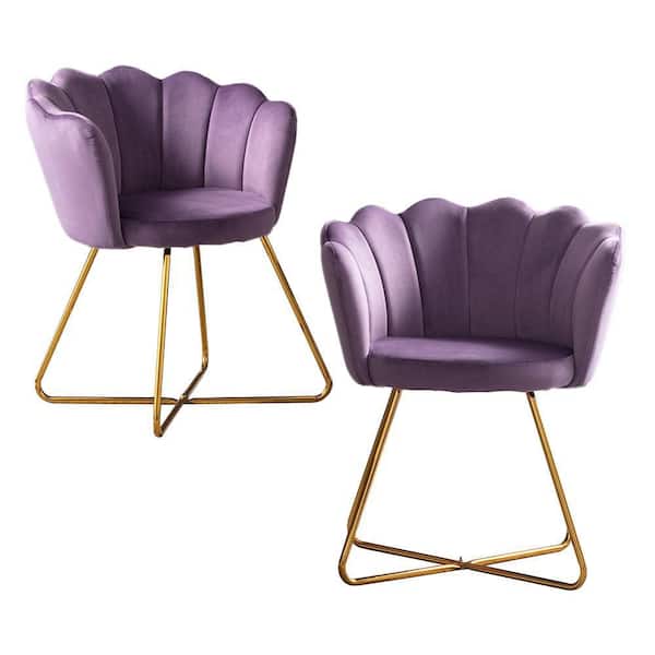 URTR Purple Flower Style Velvet Dining Chair Armchair Side Chair with Metal Leg for Dining Room Office Living Room (Set of 2)