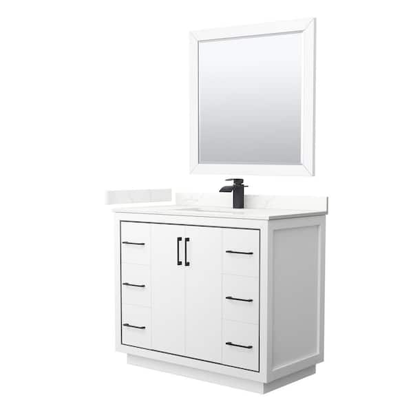 Wyndham Collection Icon 42 in. W x 22 in. D x 35 in. H Single Bath Vanity in White with Giotto Quartz Top and 34 in. Mirror