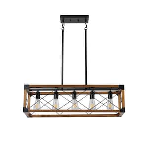 Retro 5-Light Walnut Black Industrial Farmhouse Chandelier for Kitchen Island with No Bulbs Included