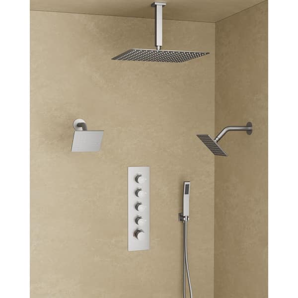 CRANACH Thermostatic Valve 15- Spray 16 x 6 x 6 in. Ceiling Mount Dual Shower Head and Handheld Shower 2.5 GPM in Brushed Nickel