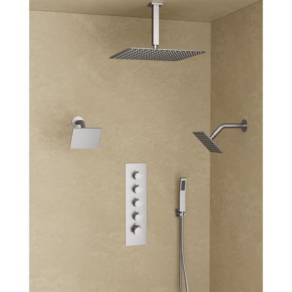 YAWWALK Thermostatic Valve 15-Spray 16 x 6 x 6 in. Ceiling Mount Dual Shower Head and Handheld Shower in Brushed Nickel