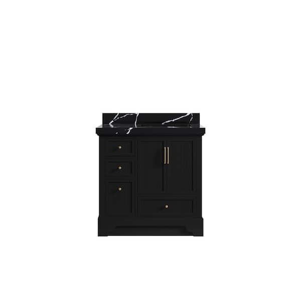 Willow Collections Alys 36 in. W x 22 in. D x 36 in. H Right Offset Single Sink Bath Vanity in Black with 2 in. Calacatta Black qt Top