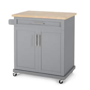 Compact Gray Wood Tabletop 32 in. Kitchen Island with Doors and Drawer