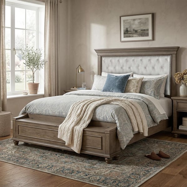 Lander Brown Wood Frame King Panel Bed with Padded Headboard and Button Tufting
