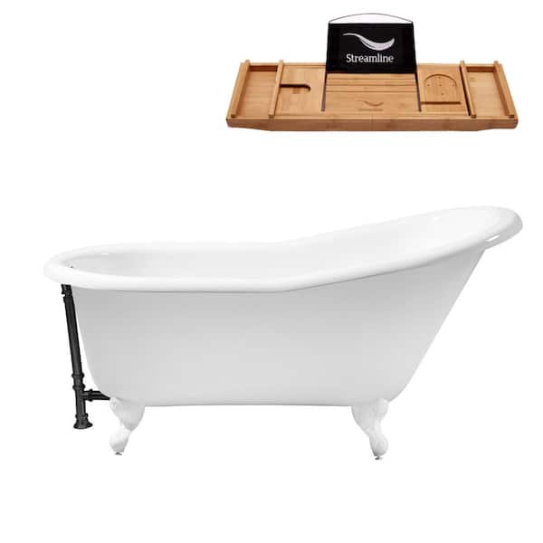 Streamline 60 in. Cast Iron Clawfoot Non-Whirlpool Bathtub in Glossy White with Matte Black Drain and Glossy White Clawfeet