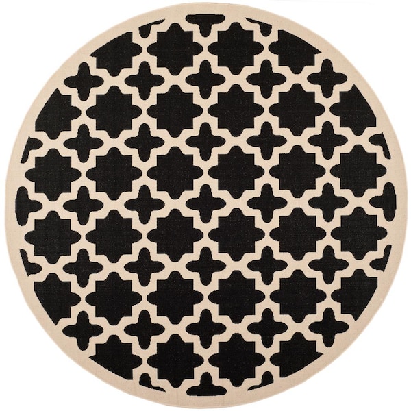 SAFAVIEH Courtyard Black/Beige 8 ft. x 8 ft. Round Geometric Indoor/Outdoor Patio  Area Rug