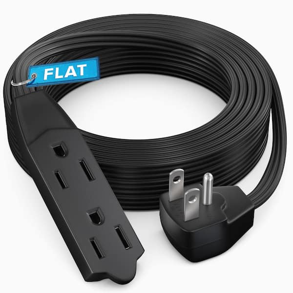 15 ft. 16/3 Light Duty Indoor Extension Cord Flat Plug Flat Wire 3-Outlet, 13Amps, Black