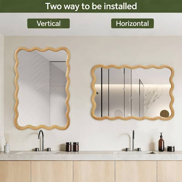 Oak Color 20 in. W x 30 in. H Wavy Rectangle Solid Wood Framed Mirror for Bathroom Vanity Living Room Entryway Decor