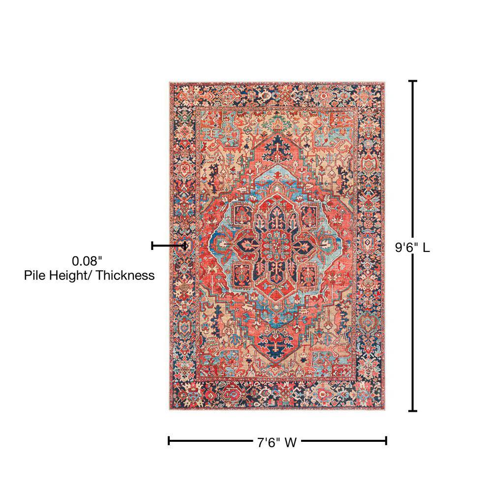 Bright Red and Blue Synthetic Vintage Rectangular Area Rug