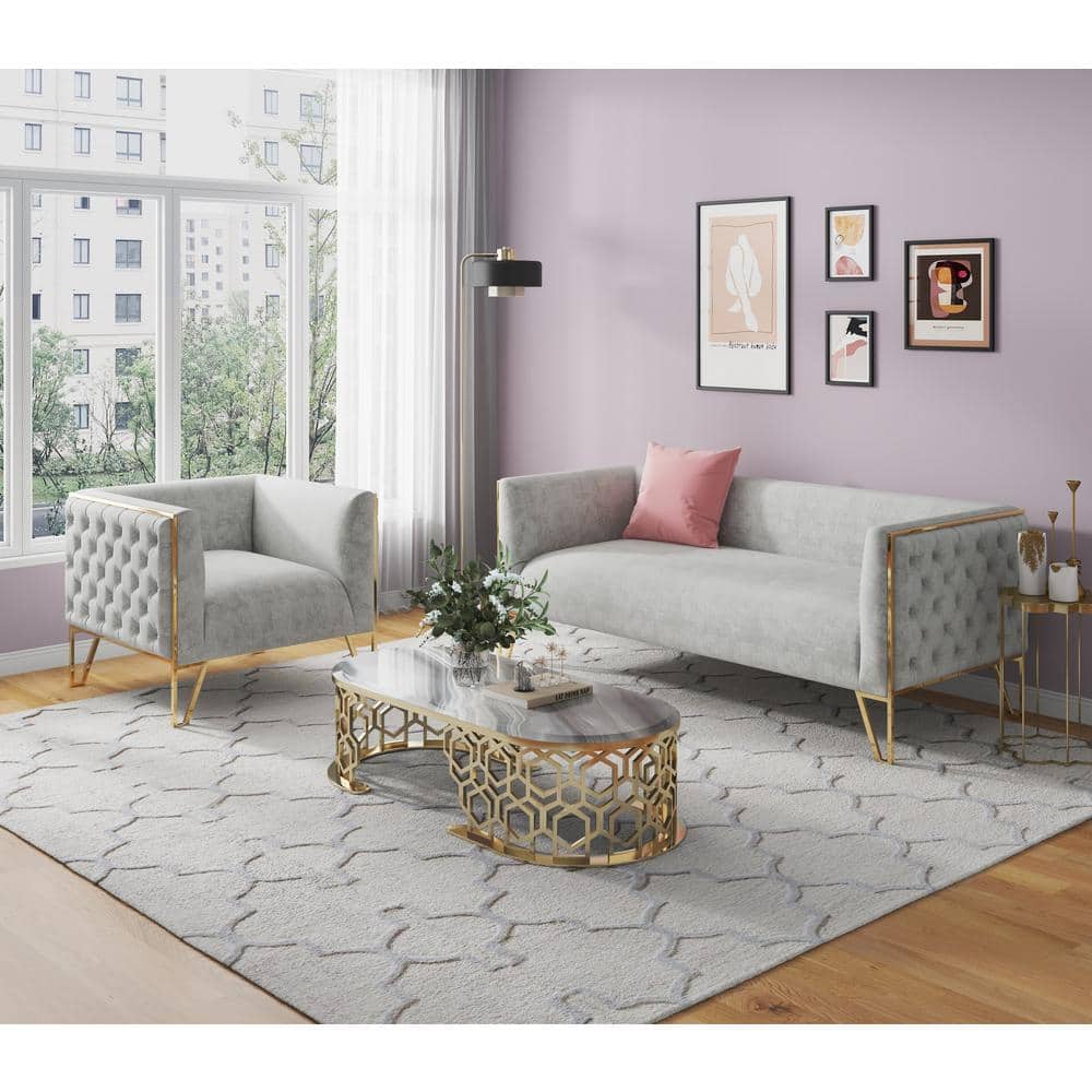 Gray Velvet and Gold 3-Piece Sofa and Armchair Set
