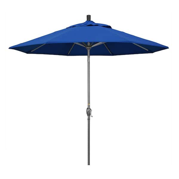9 ft. Hammertone Grey Aluminum Market Patio Umbrella with Push Button Tilt Crank Lift in Pacific Blue Pacifica