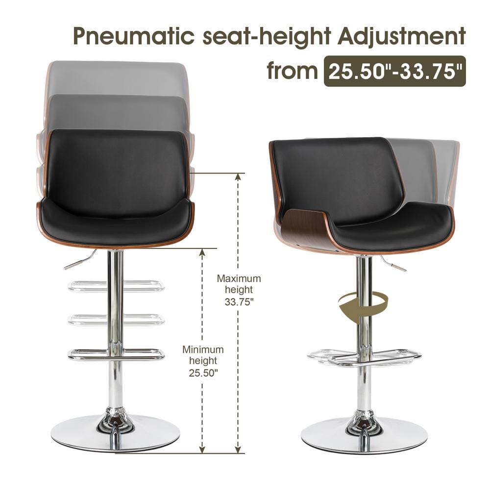 Modern Bentwood Adjustable Swivel Bar Stool Set in Black and Walnut