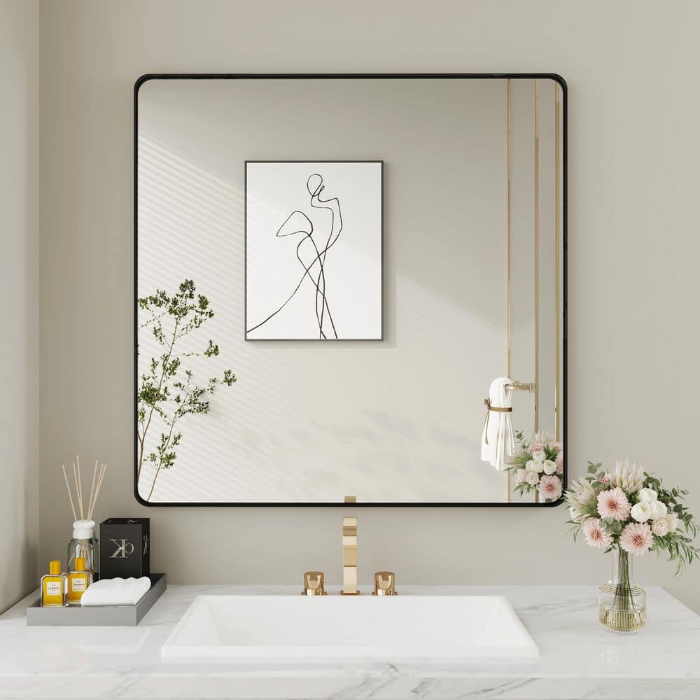 36 in. W x 36 in. H Small Rectangular Angle rounded Framed Wall Mounted Bathroom Vanity Mirror in Black price history on PriceWatchPro