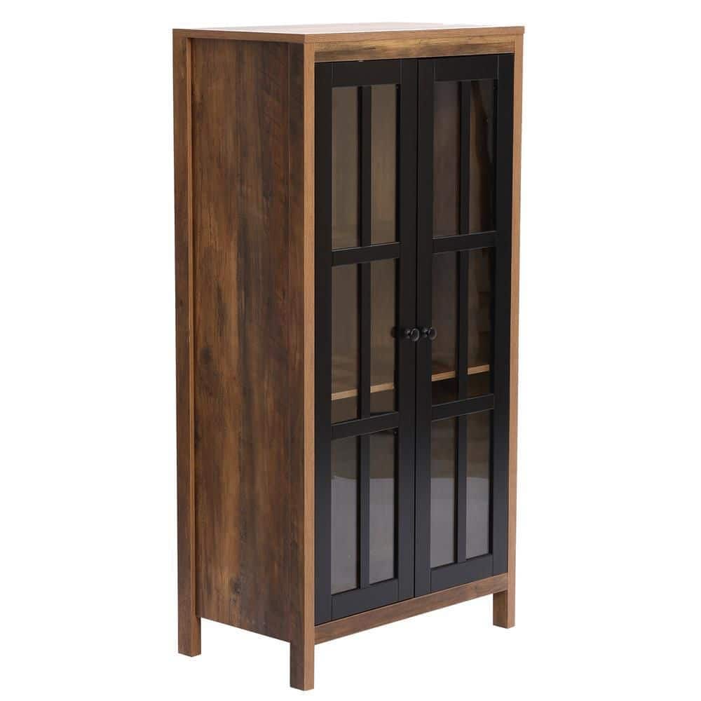 Natural Wood and Black Glass Door Curio Cabinet