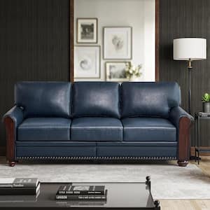 Casandra Traditional Navy Polyurethane Comfy 82 in. W Sofa with Rolled Arms and Rubber Wooden Legs