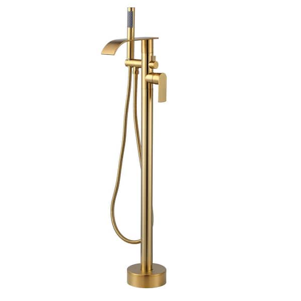 IVIGA 2-Handle Freestanding Tub Faucet with Hand Shower and Waterfall Spout in Gold
