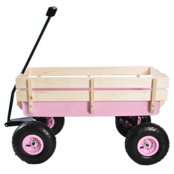 3.9 cu. ft. Pink Metal Garden Cart, Outdoor Railing Air Tires Garden Cart