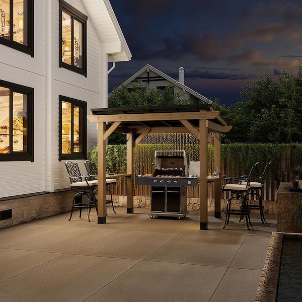Cedarflow 8 ft. x 6 ft. Outdoor Cedar Wood Grill Gazebo with Galvanized Steel Sloped Roof and Side Wooden Holder