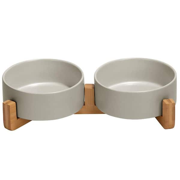 Unbranded Ceramic Dog Cat Bowl with Wood Stand Non-Slip Matte Glaze Weighted Food Water Set for Small Pets 13.5OZ