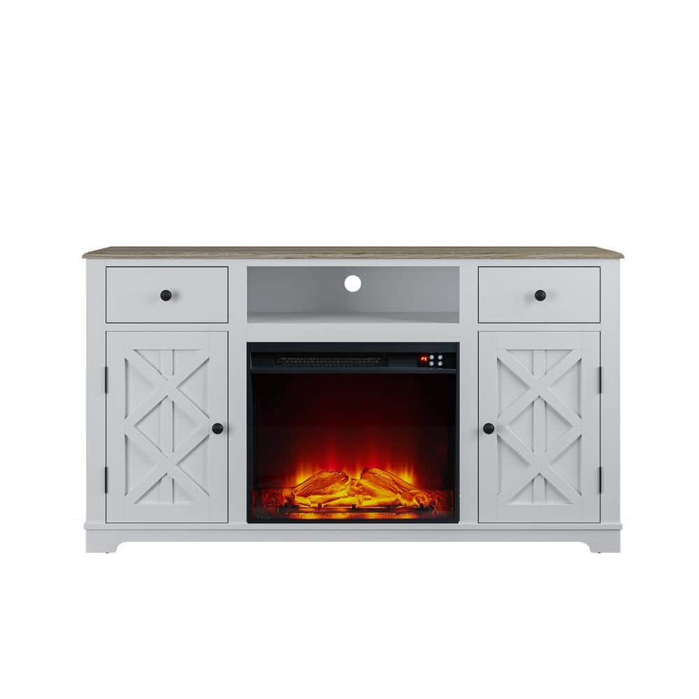 60 in. Farmhouse Wooden TV Stand with Electric Fireplace in Off-White for TVs up to 65 in -  FESTIVO, FTS23226