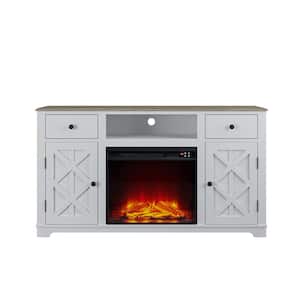 60 in. Farmhouse Wooden TV Stand with Electric Fireplace in Off-White for TVs up to 65 in.
