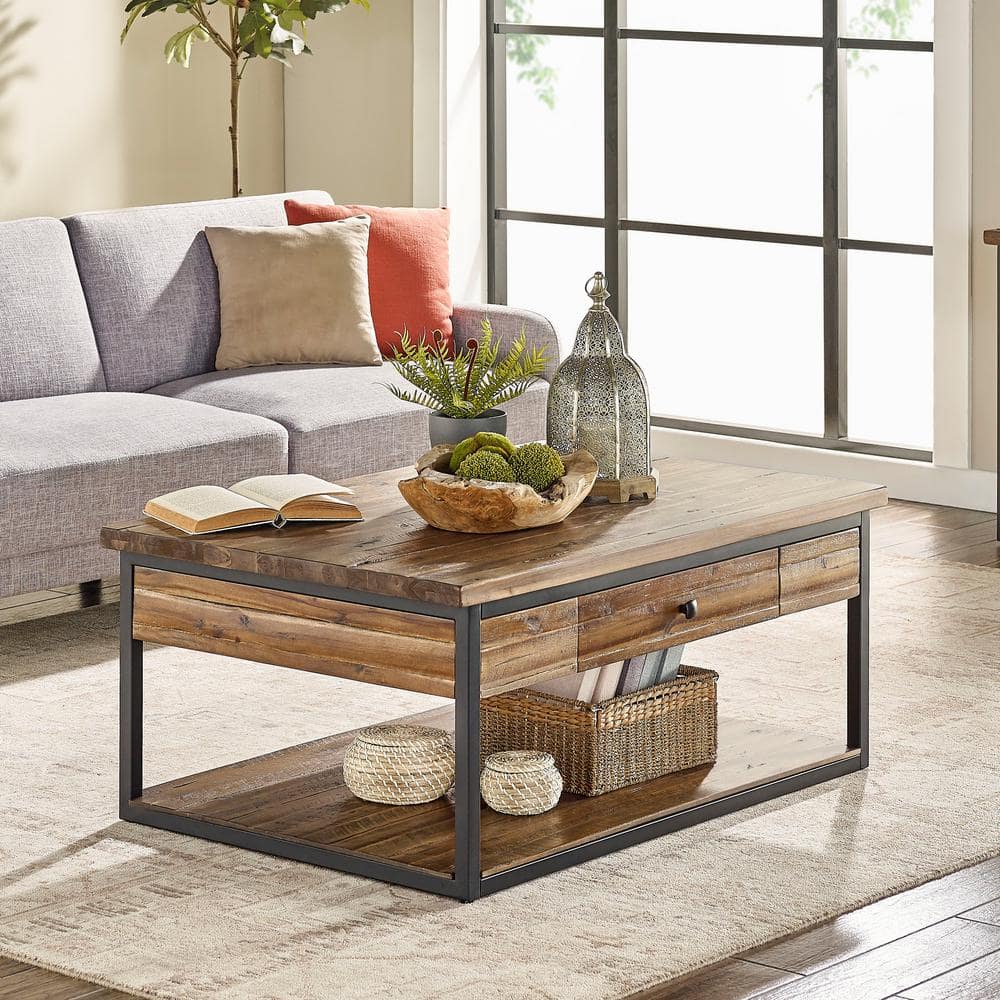 Claremont 48" Rustic Wood Coffee Table with Drawer and Shelf