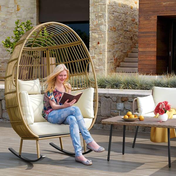 DEXTRUS Brown Wicker Outdoor Patio Egg Rocking Lounge Chair