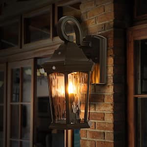 15.9 in. Bronze Integrated LED Outdoor Wall Lantern Sconce with Flickering Bulb, Motion Sensor, and Photocell