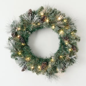 24 in. Flocked LED Pine Pre-Lit Artificial Christmas Wreath with Pinecones