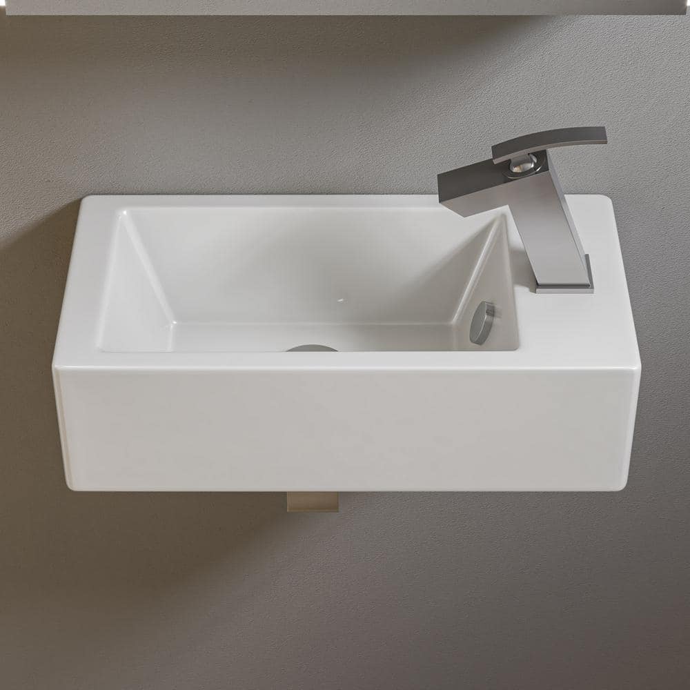 White Ceramic Rectangular Wall-Mount Bathroom Sink with Overflow